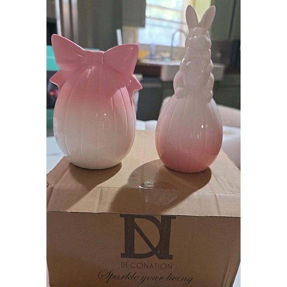 NIB Set of 2 Pink Ombre Ceramic Easter Bunny Egg Figurines Spring Tiered Tray De
